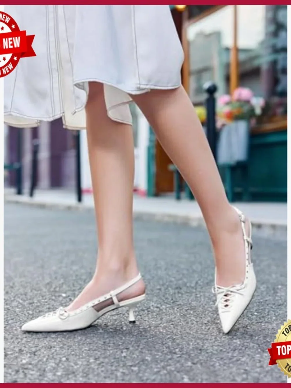 Women's Kitten Heel Pumps with Studded Bow Slingback